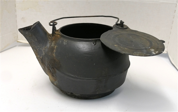 Antique Cast Iron Kettle for Wood Stove - Attached Swinging Lid - Kettle Measures 7 tall 11 Across