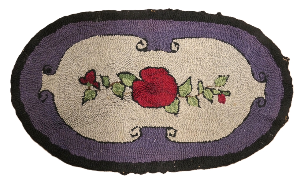 Handmade Vintage Folk Hook Rug - Black Border with Purple and Gray - Red Flower in Center - Rug Measures 36" by 20" 