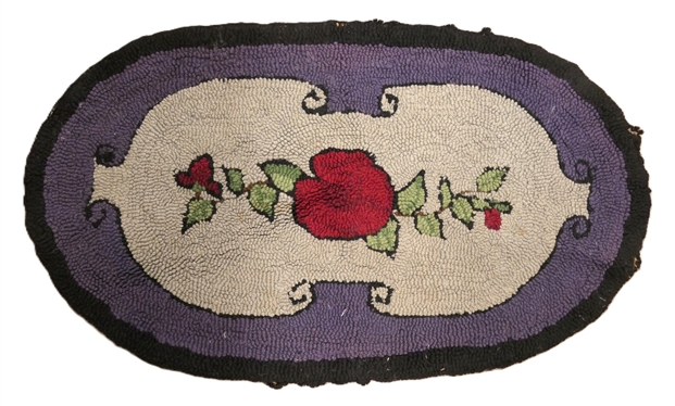 Handmade Vintage Folk Hook Rug - Black Border with Purple and Gray - Red Flower in Center - Rug Measures 36 by 20 