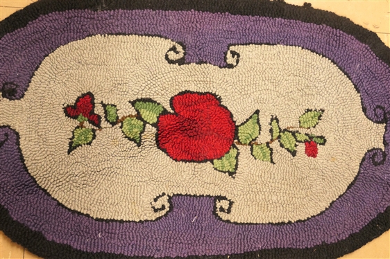 Handmade Vintage Folk Hook Rug - Black Border with Purple and Gray - Red Flower in Center - Rug Measures 36 by 20 