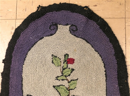 Handmade Vintage Folk Hook Rug - Black Border with Purple and Gray - Red Flower in Center - Rug Measures 36 by 20 