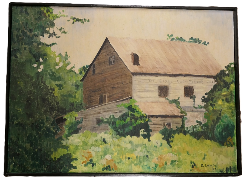 "The Dixie Lee Flour Mill" Oil on Canvas Painting by Artist B. Lashley - 1977 - Impressionist Style - 22 1/2" By 31" 