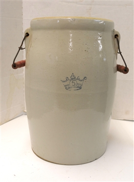 5 Gallon Stone Churn - Blue Crown with 5 - 2 Wood Bail Handles 