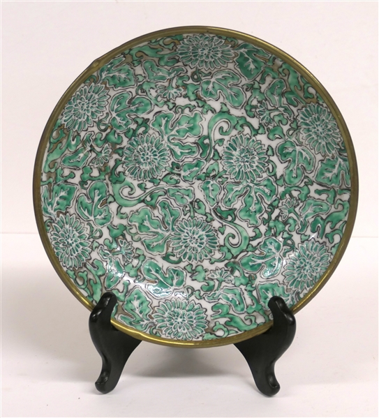 Beautiful Decorator Dish - Japanese Porcelainware Decorated in Hong Kong For Lord & Taylor - Green and White with Brass Frame - Dish Measures 7 1/2" Across