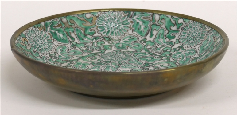 Beautiful Decorator Dish - Japanese Porcelainware Decorated in Hong Kong For Lord & Taylor - Green and White with Brass Frame - Dish Measures 7 1/2 Across