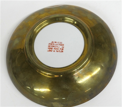 Beautiful Decorator Dish - Japanese Porcelainware Decorated in Hong Kong For Lord & Taylor - Green and White with Brass Frame - Dish Measures 7 1/2 Across