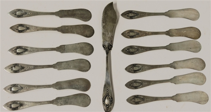13 Pieces of Lunt Mount Vernon Sterling Silver Flatware - 1 Master Butter Knife and 12 Individual Butter Knives - All Monogrammed M - 309.1 Grams (9.93 Troy Ounces) Total Weight 