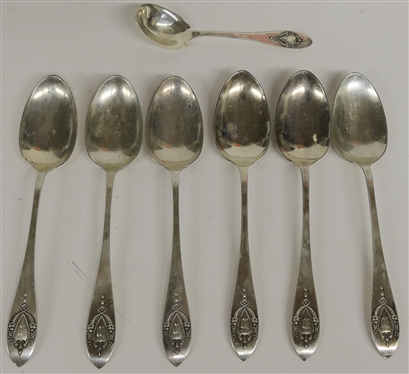 7 Pieces of Lunt Mount Vernon Sterling Silver Flatware - 6 Serving Spoons and 1 Sugar Spoon - All Monogrammed M - 361.9 Grams (11.63 Troy Ounces) Total Weight 