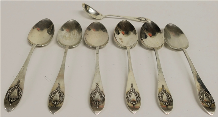 7 Pieces of Lunt Mount Vernon Sterling Silver Flatware - 6 Serving Spoons and 1 Sugar Spoon - All Monogrammed M - 361.9 Grams (11.63 Troy Ounces) Total Weight 