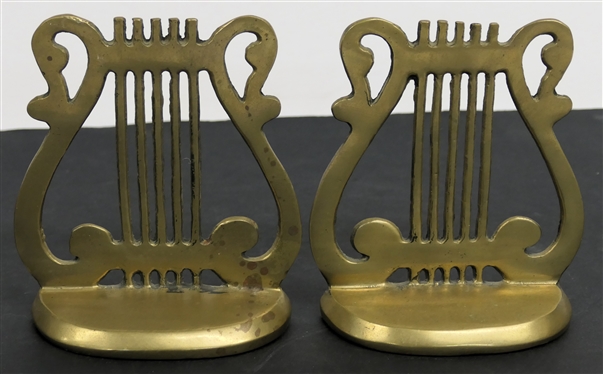 Pair of Brass Harp Bookends - Each Measures 5 1/2 Tall 
