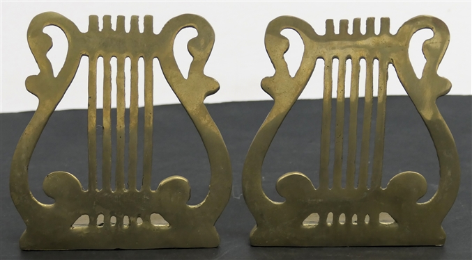 Pair of Brass Harp Bookends - Each Measures 5 1/2 Tall 
