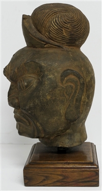 Hardstone Mask - Hand Carved Stone on Nice Oak Pedestal with Brass Post - Stone Weights 16.7 lbs. Overall on Pedestal Measures 15 1/2 Tall