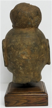 Hardstone Mask - Hand Carved Stone on Nice Oak Pedestal with Brass Post - Stone Weights 16.7 lbs. Overall on Pedestal Measures 15 1/2 Tall