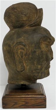 Hardstone Mask - Hand Carved Stone on Nice Oak Pedestal with Brass Post - Stone Weights 16.7 lbs. Overall on Pedestal Measures 15 1/2 Tall
