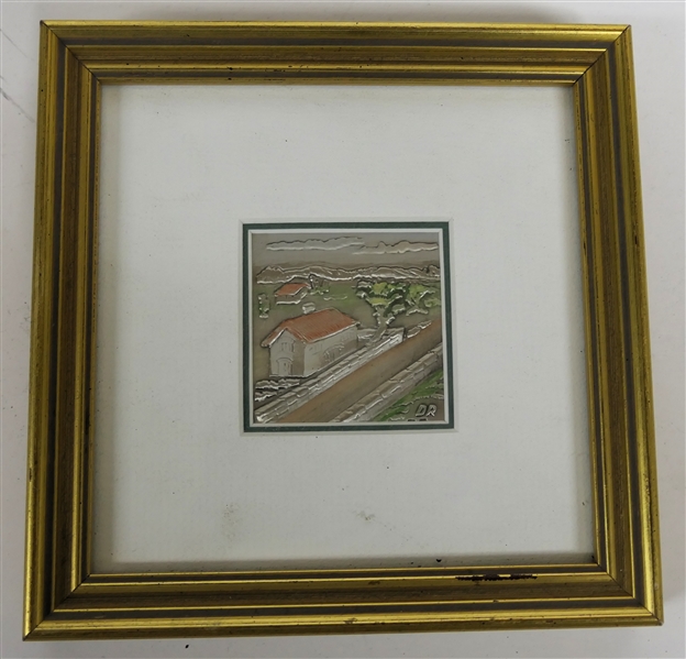 Italian Fine Silver Bas Relief Picture of Country Scene with Stone Wall Red Roofed Buildings and Trees - Marked D.R. - Nicely Framed - Original Sticker on Back - Frame Measures 6" By 6"