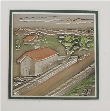 Italian Fine Silver Bas Relief Picture of Country Scene with Stone Wall Red Roofed Buildings and Trees - Marked D.R. - Nicely Framed - Original Sticker on Back - Frame Measures 6 By 6