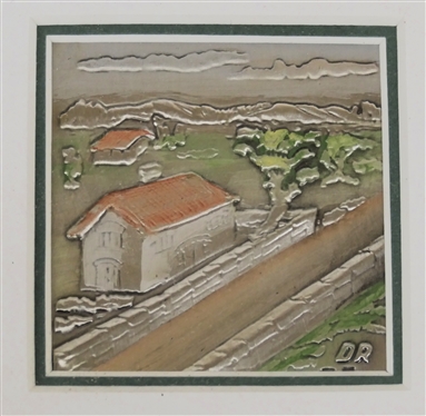 Italian Fine Silver Bas Relief Picture of Country Scene with Stone Wall Red Roofed Buildings and Trees - Marked D.R. - Nicely Framed - Original Sticker on Back - Frame Measures 6 By 6