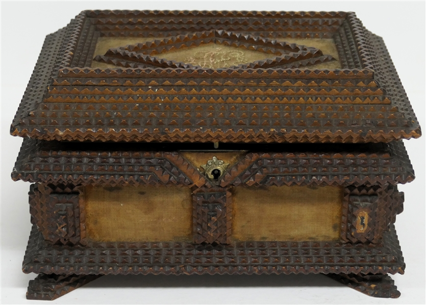 Hand Carved Tramp Art Jewelry Box with Diamond On Lid - Velvet Covered Top and Sides - Divided Tray Inside - Box Measures 6" Tall 9" by 7" 