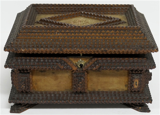 Hand Carved Tramp Art Jewelry Box with Diamond On Lid - Velvet Covered Top and Sides - Divided Tray Inside - Box Measures 6 Tall 9 by 7 