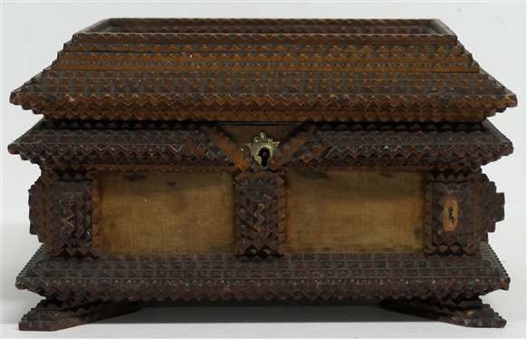 Hand Carved Tramp Art Jewelry Box with Diamond On Lid - Velvet Covered Top and Sides - Divided Tray Inside - Box Measures 6 Tall 9 by 7 
