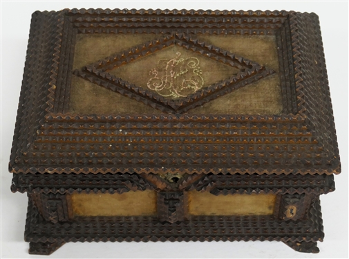 Hand Carved Tramp Art Jewelry Box with Diamond On Lid - Velvet Covered Top and Sides - Divided Tray Inside - Box Measures 6 Tall 9 by 7 