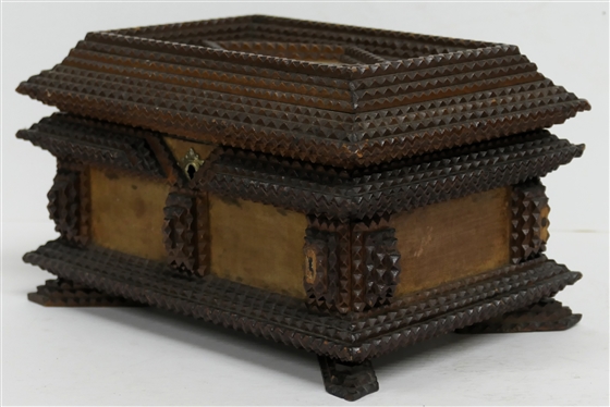 Hand Carved Tramp Art Jewelry Box with Diamond On Lid - Velvet Covered Top and Sides - Divided Tray Inside - Box Measures 6 Tall 9 by 7 