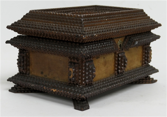 Hand Carved Tramp Art Jewelry Box with Diamond On Lid - Velvet Covered Top and Sides - Divided Tray Inside - Box Measures 6 Tall 9 by 7 