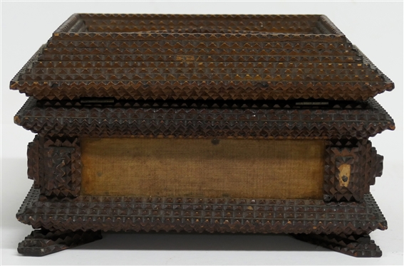 Hand Carved Tramp Art Jewelry Box with Diamond On Lid - Velvet Covered Top and Sides - Divided Tray Inside - Box Measures 6 Tall 9 by 7 