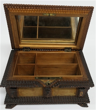 Hand Carved Tramp Art Jewelry Box with Diamond On Lid - Velvet Covered Top and Sides - Divided Tray Inside - Box Measures 6 Tall 9 by 7 