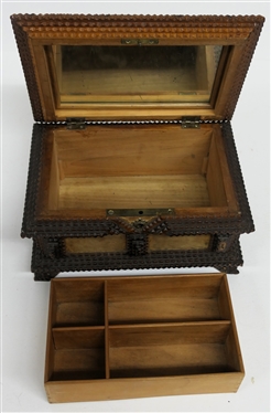 Hand Carved Tramp Art Jewelry Box with Diamond On Lid - Velvet Covered Top and Sides - Divided Tray Inside - Box Measures 6 Tall 9 by 7 