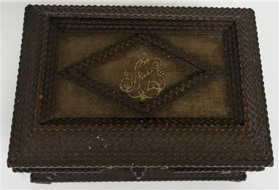 Hand Carved Tramp Art Jewelry Box with Diamond On Lid - Velvet Covered Top and Sides - Divided Tray Inside - Box Measures 6 Tall 9 by 7 