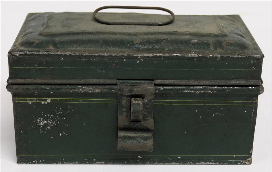 Green Painted Tinware Box - Hinged Lid - Original Green Paint - Box Measures 3 1/2" Tall 7" by 4" 