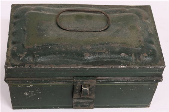 Green Painted Tinware Box - Hinged Lid - Original Green Paint - Box Measures 3 1/2 Tall 7 by 4 