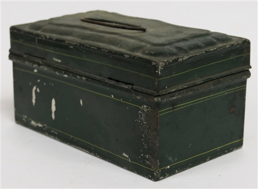 Green Painted Tinware Box - Hinged Lid - Original Green Paint - Box Measures 3 1/2 Tall 7 by 4 