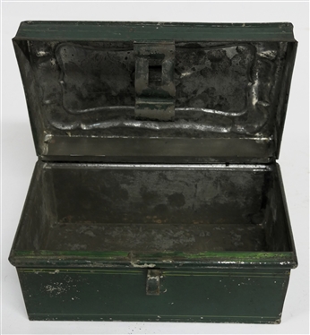 Green Painted Tinware Box - Hinged Lid - Original Green Paint - Box Measures 3 1/2 Tall 7 by 4 