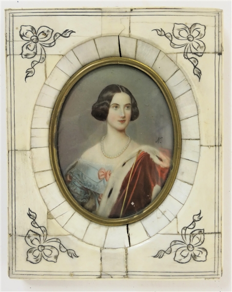 19th Century Hand Painted Portrait on Porcelain Beautiful Lady with Pearls and Red Cloak - Blue Dress with Pink Bows - Framed in Bone Overlaid Frame with Bow Details - Frame Measures 5 1/2" By 4...