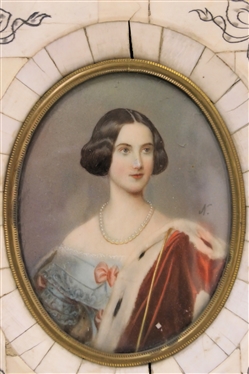 19th Century Hand Painted Portrait on Porcelain Beautiful Lady with Pearls and Red Cloak - Blue Dress with Pink Bows - Framed in Bone Overlaid Frame with Bow Details - Frame Measures 5 1/2 By 4...