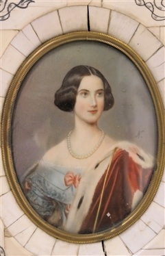 19th Century Hand Painted Portrait on Porcelain Beautiful Lady with Pearls and Red Cloak - Blue Dress with Pink Bows - Framed in Bone Overlaid Frame with Bow Details - Frame Measures 5 1/2 By 4...