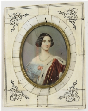 19th Century Hand Painted Portrait on Porcelain Beautiful Lady with Pearls and Red Cloak - Blue Dress with Pink Bows - Framed in Bone Overlaid Frame with Bow Details - Frame Measures 5 1/2 By 4...