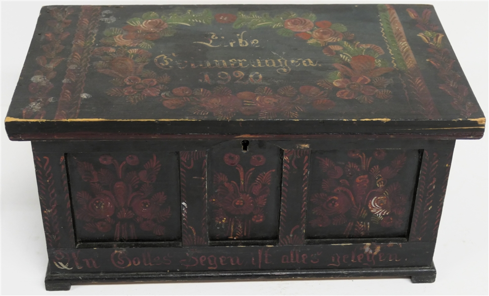 German 1920 Dated Hand Painted Dovetailed Box - Floral Painted with German Blessing  - Box Measures 6 1/2" Tall 13" by 7" - Hinges Need to Be Attached to Lid 