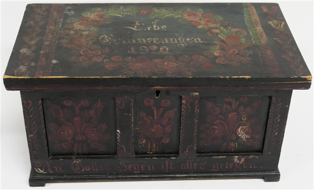 German 1920 Dated Hand Painted Dovetailed Box - Floral Painted with German Blessing  - Box Measures 6 1/2 Tall 13 by 7 - Hinges Need to Be Attached to Lid 