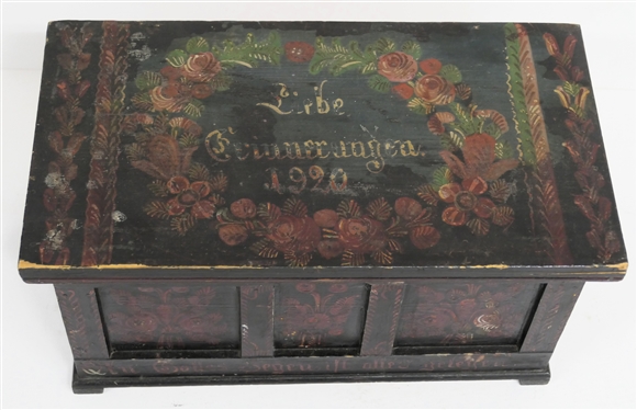 German 1920 Dated Hand Painted Dovetailed Box - Floral Painted with German Blessing  - Box Measures 6 1/2 Tall 13 by 7 - Hinges Need to Be Attached to Lid 