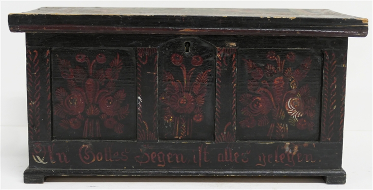 German 1920 Dated Hand Painted Dovetailed Box - Floral Painted with German Blessing  - Box Measures 6 1/2 Tall 13 by 7 - Hinges Need to Be Attached to Lid 