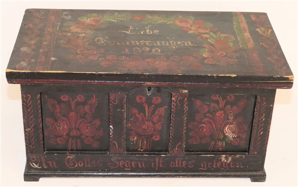 German 1920 Dated Hand Painted Dovetailed Box - Floral Painted with German Blessing  - Box Measures 6 1/2 Tall 13 by 7 - Hinges Need to Be Attached to Lid 