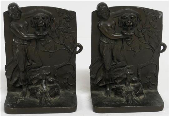 Pair of Heavy Art Nouveau Bookends - Nude Woman with Lion''s Head Fountain - Number 508 on Back - Each Bookend Measures 5 Tall 