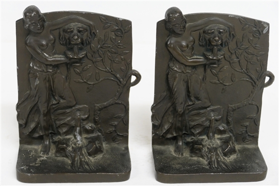 Pair of Heavy Art Nouveau Bookends - Nude Woman with Lion''s Head Fountain - Number 508 on Back - Each Bookend Measures 5 Tall 