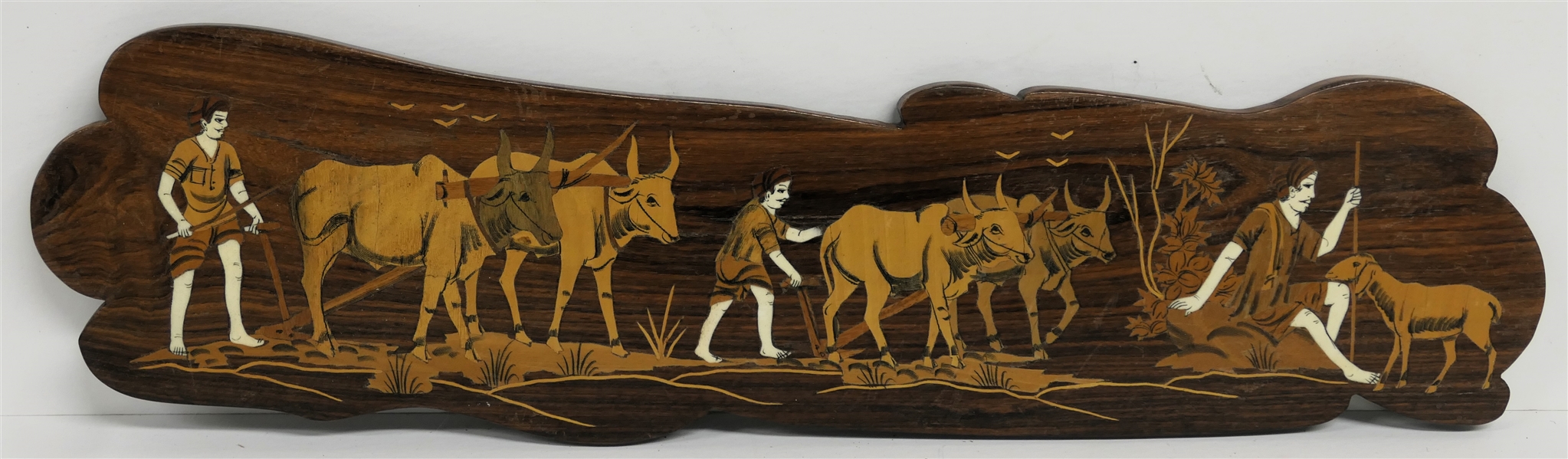 Inlaid Wood Plaque with Shepherds, Ox, and Sheep - Bone and Wood Inlaid - Plaque Measures 21" by 5" 