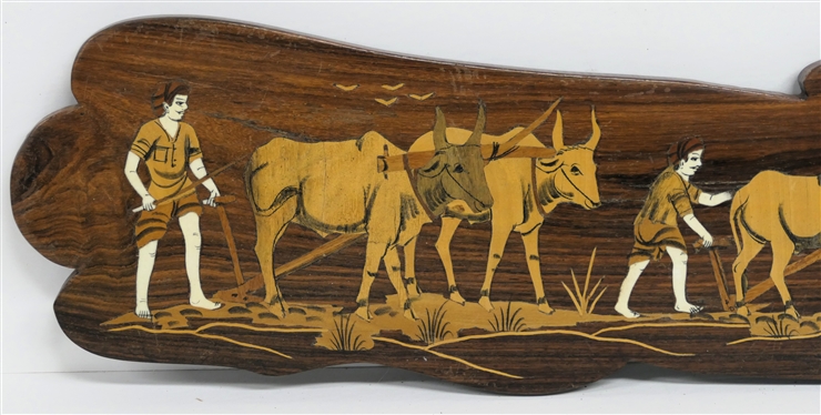 Inlaid Wood Plaque with Shepherds, Ox, and Sheep - Bone and Wood Inlaid - Plaque Measures 21 by 5 