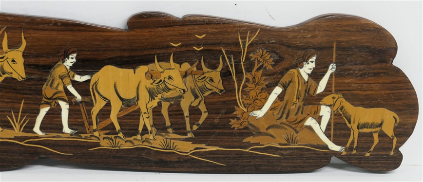 Inlaid Wood Plaque with Shepherds, Ox, and Sheep - Bone and Wood Inlaid - Plaque Measures 21 by 5 