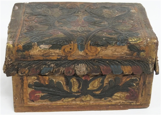 Hand Carved Polychrome Painted Wood Jewelry / Dresser Box - Relief Carved Flowers and Vines - Hinged Lid -Scalloped Trim - Box Measures 4 1/2 Tall 5 1/2 By 8 